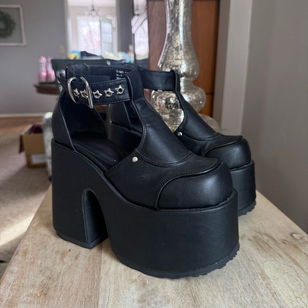Demonia Black Platform Chunky Heels Gothic Camel 103 Alt T-Strap Shoes
